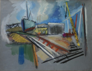"Dry Dock" Cat. #103 20" x 26" Casein, pastel 1947 (signed on back)