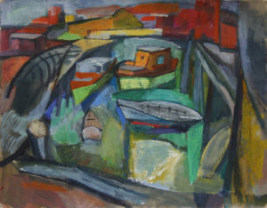 "Three Boat Harbor", Cat. #322 20" x 25 1/2" Casein & pastel 1947 (signed)